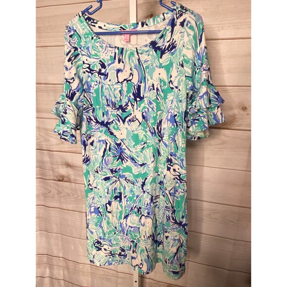 Lilly Pulitzer Women's Size Small Blue Green Elephant Print Short Sleeve Dress - Picture 2 of 7